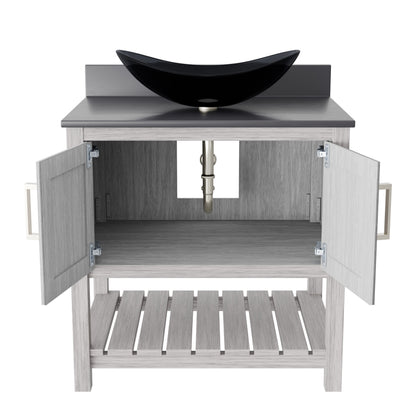 30-inch Novatto bath vanity with storm grey quartz countertop and integrated sink, showcasing sleek bathroom accessory design.