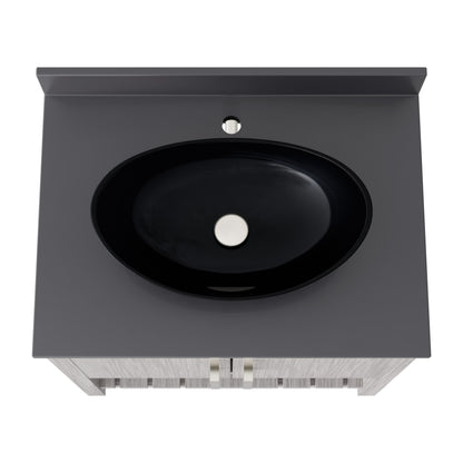 30-inch Novatto bath vanity with storm grey quartz countertop and integrated sink, showcasing sleek bathroom accessory design