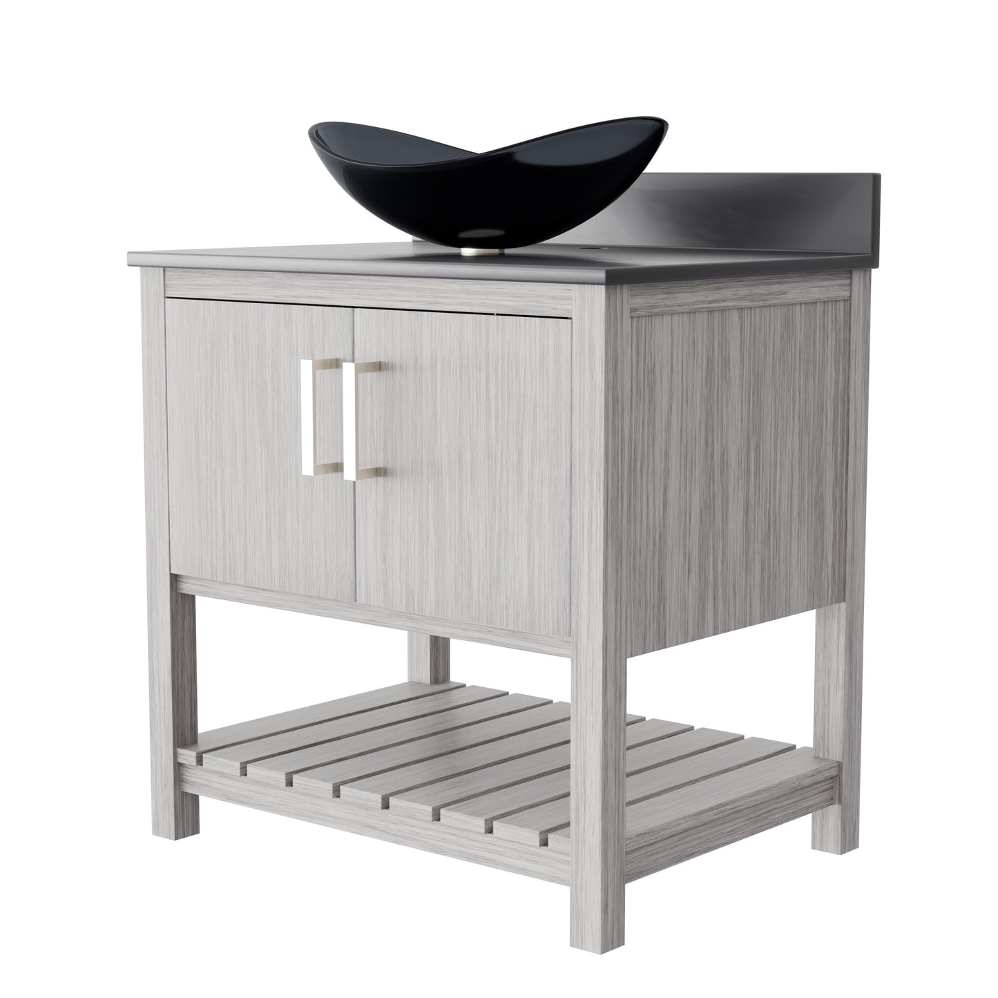 30-inch Novatto bath vanity with storm grey quartz countertop and integrated sink, modern bathroom accessory.