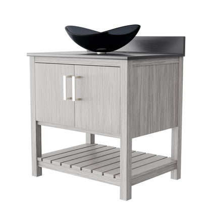 30-inch Novatto bath vanity with storm grey quartz countertop and integrated sink, modern bathroom accessory.