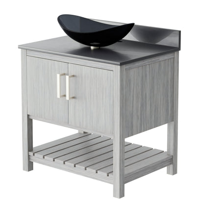 30-inch Novatto bathroom vanity with storm grey quartz countertop and sink, showcasing modern design and sleek finish.