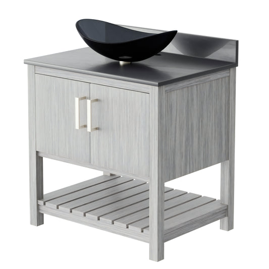 30-inch Novatto bathroom vanity with storm grey quartz countertop and sink, showcasing modern design and sleek finish.