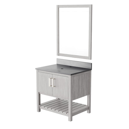30-inch Novatto vanity with storm grey quartz countertop, modern bathroom accessory with mirror included.