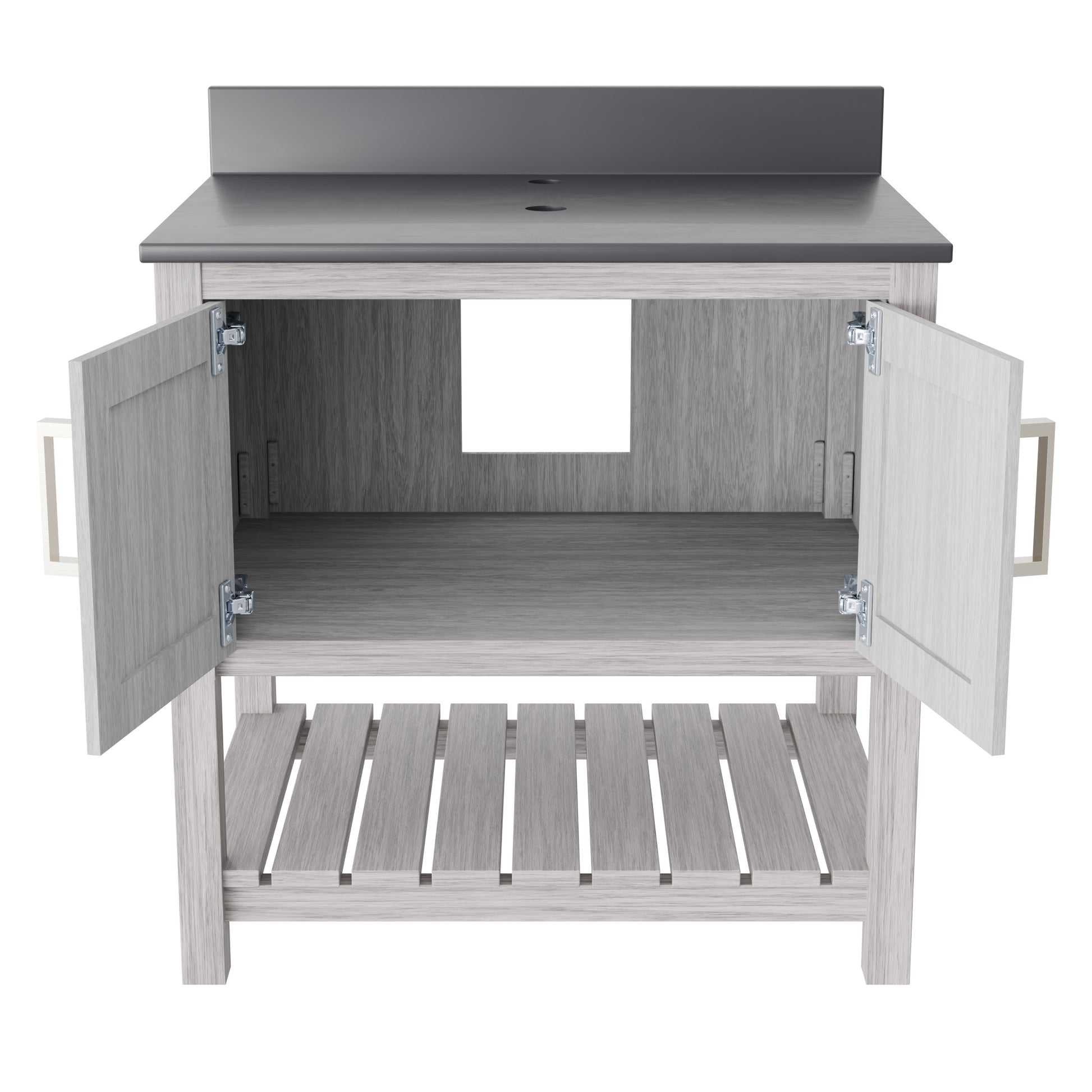30-inch Novatto vanity with storm grey quartz countertop, modern bathroom accessory with sleek design and durable surface.