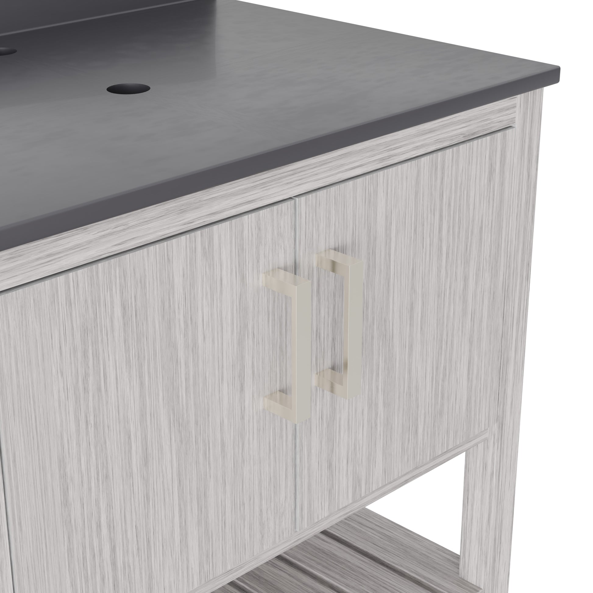 30-inch Novatto vanity with storm grey quartz countertop, featuring sleek bathroom accessory design in a modern style.