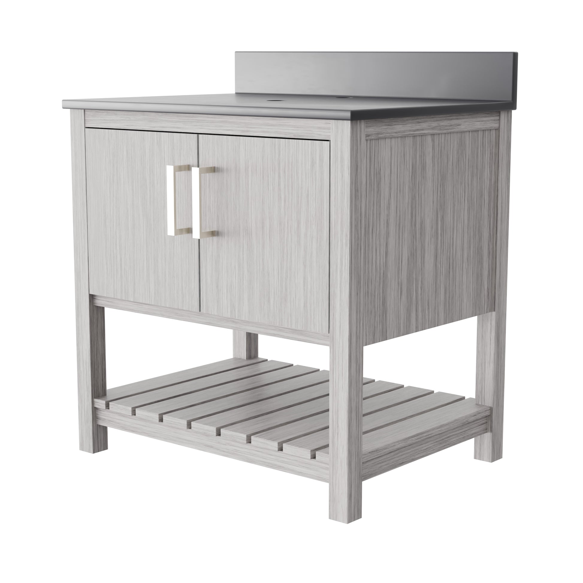 30-inch Novatto vanity with storm grey quartz countertop, showcasing sleek design and modern bathroom accessory.