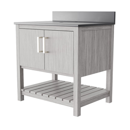 30-inch Novatto vanity with storm grey quartz countertop, showcasing sleek design and modern bathroom accessory.