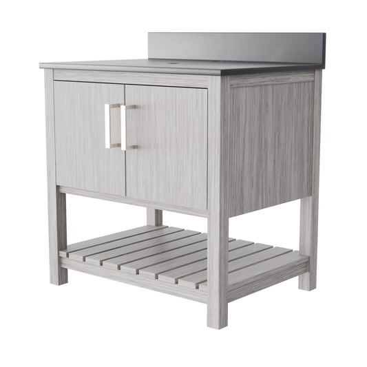 30-inch Novatto vanity with storm grey quartz countertop, showcasing sleek design and modern bathroom accessory.