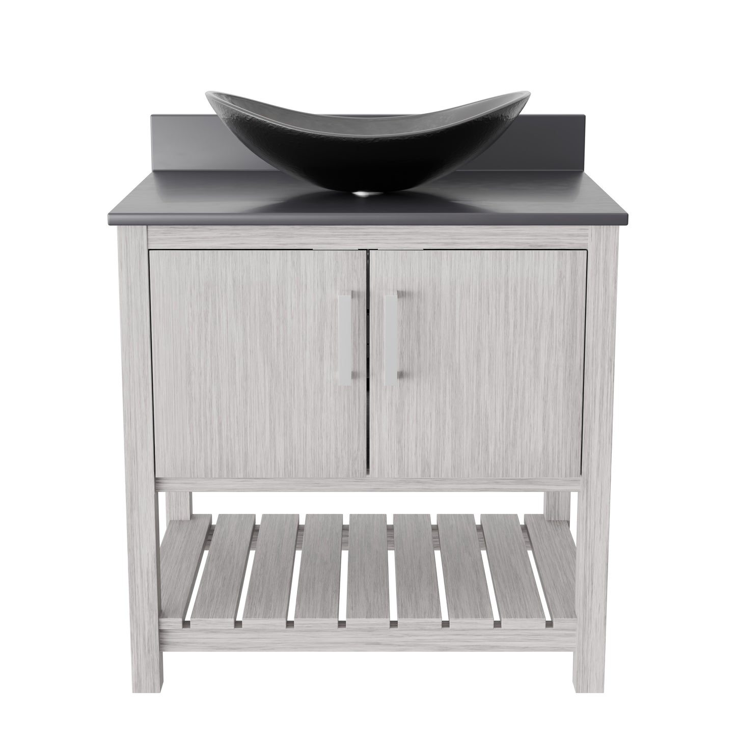 30-inch Novatto bath vanity with storm grey quartz countertop and sink, featuring modern bathroom accessory design.