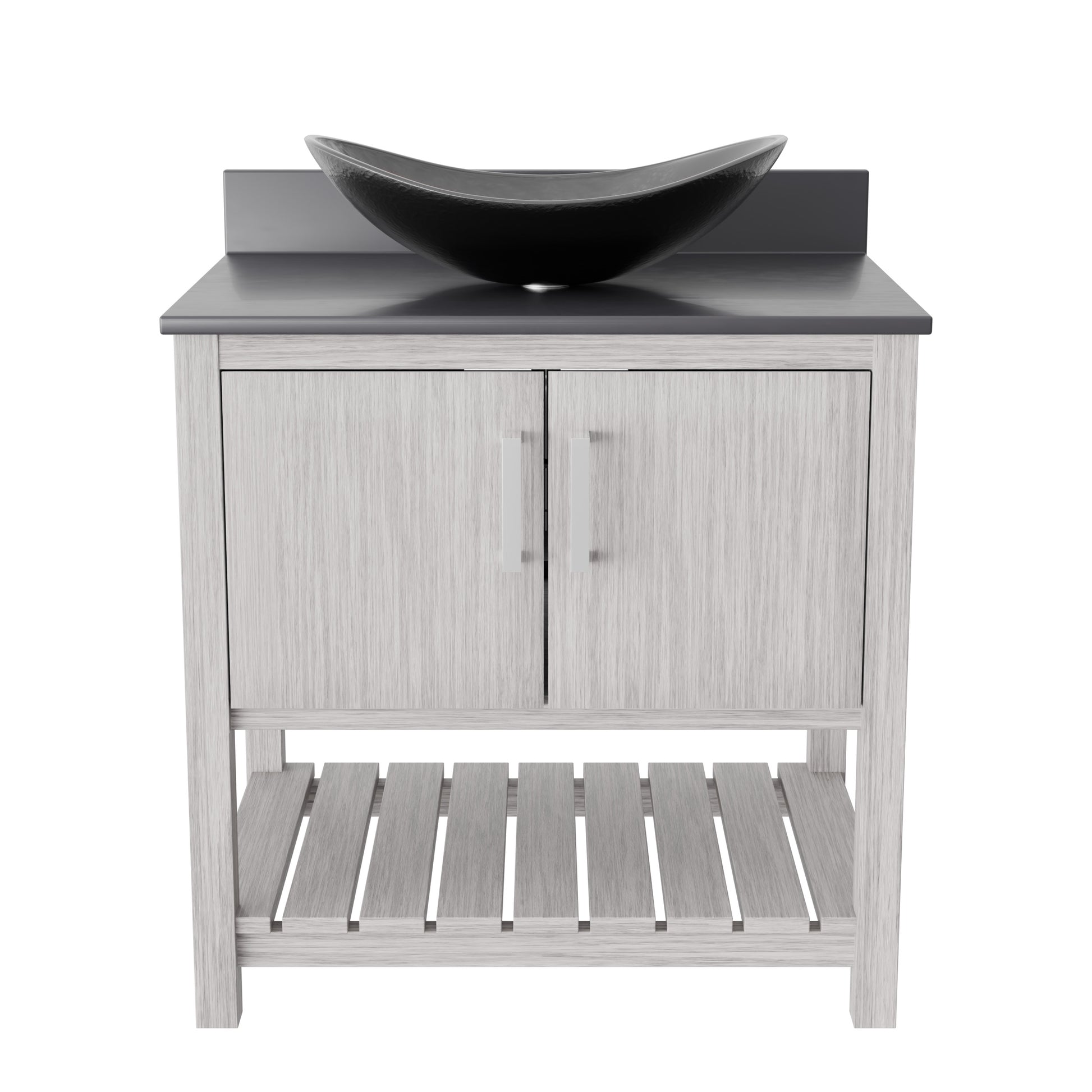 30-inch Novatto bath vanity with storm grey quartz countertop and sink, featuring modern bathroom accessory design.