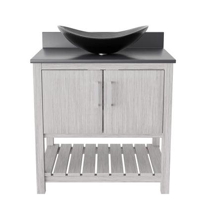 30-inch Novatto bath vanity with storm grey quartz countertop and sink, featuring modern bathroom accessory design.