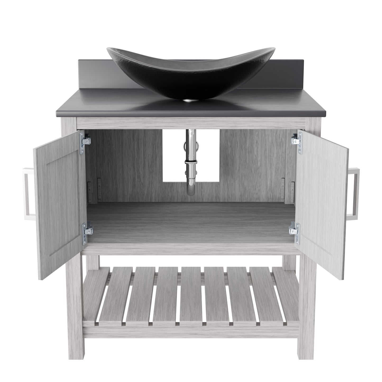 Novatto 30-inch bath vanity with storm grey quartz countertop and integrated sink, modern bathroom accessory.