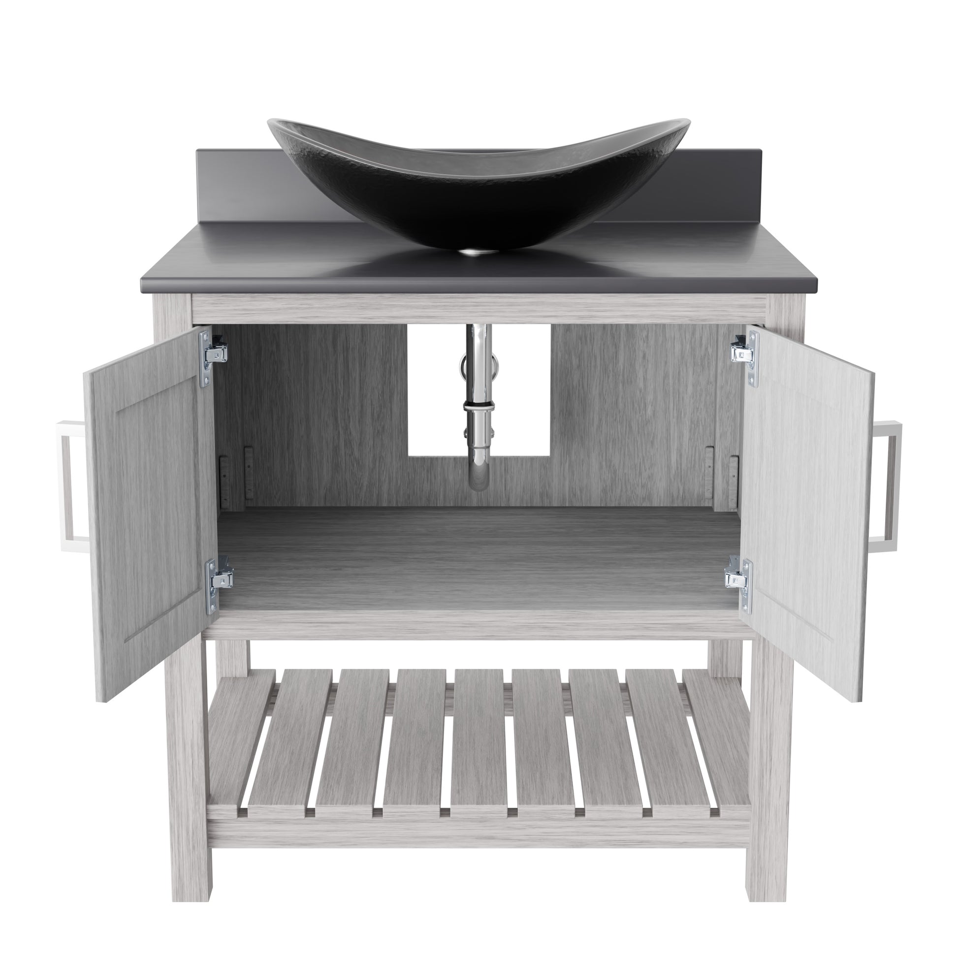 Novatto 30-inch bath vanity with storm grey quartz countertop and integrated sink, modern bathroom accessory.