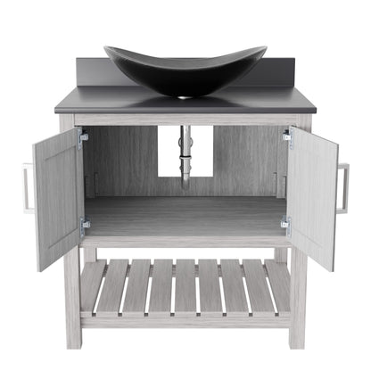 Novatto 30-inch bath vanity with storm grey quartz countertop and integrated sink, modern bathroom accessory.