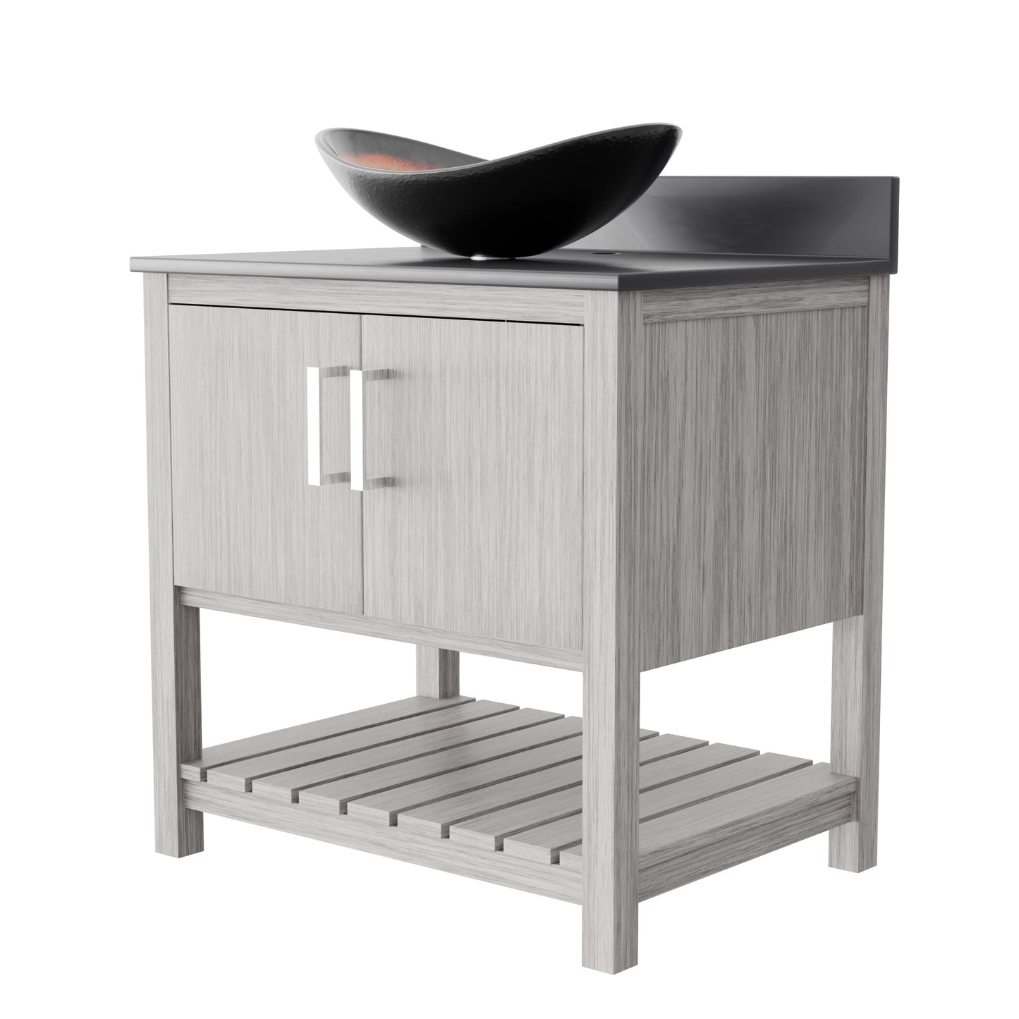30-inch Novatto bath vanity with storm grey quartz countertop and integrated sink, shown from a front view.