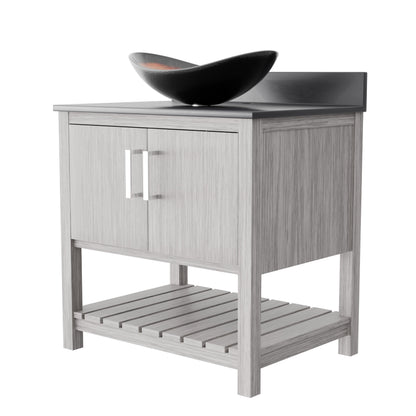 30-inch Novatto bath vanity with storm grey quartz countertop and integrated sink, shown from a front view.