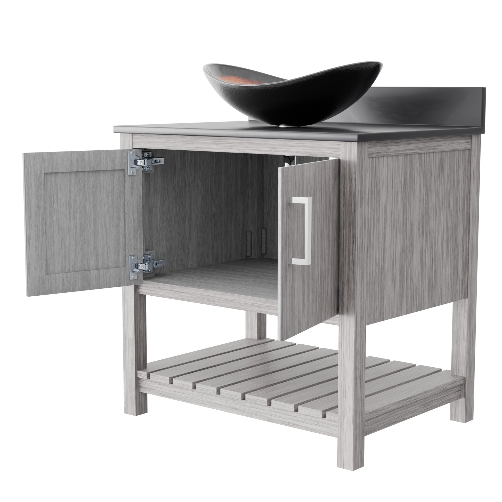 30-inch Novatto bath vanity with storm grey quartz countertop and sink, showcasing sleek bathroom accessory design