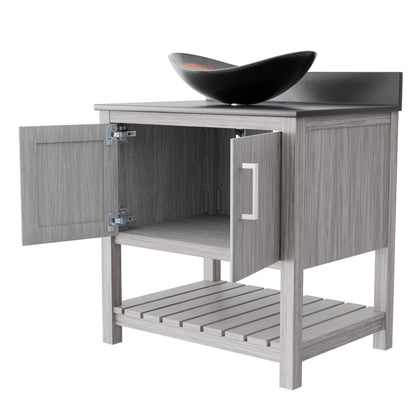 30-inch Novatto bath vanity with storm grey quartz countertop and sink, showcasing sleek bathroom accessory design