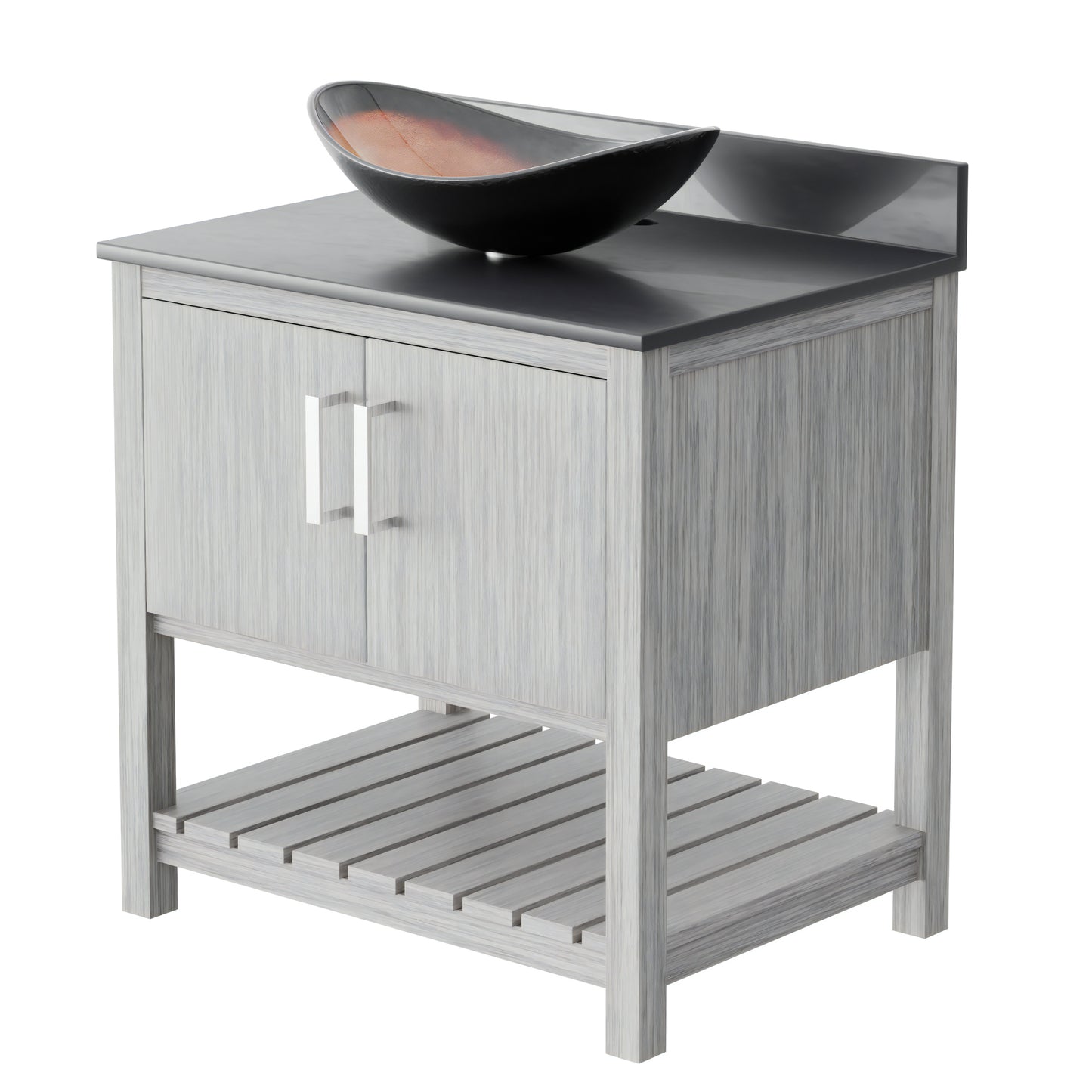 Novatto 30-inch bath vanity with storm grey quartz countertop and integrated sink, shown in a modern bathroom setting.