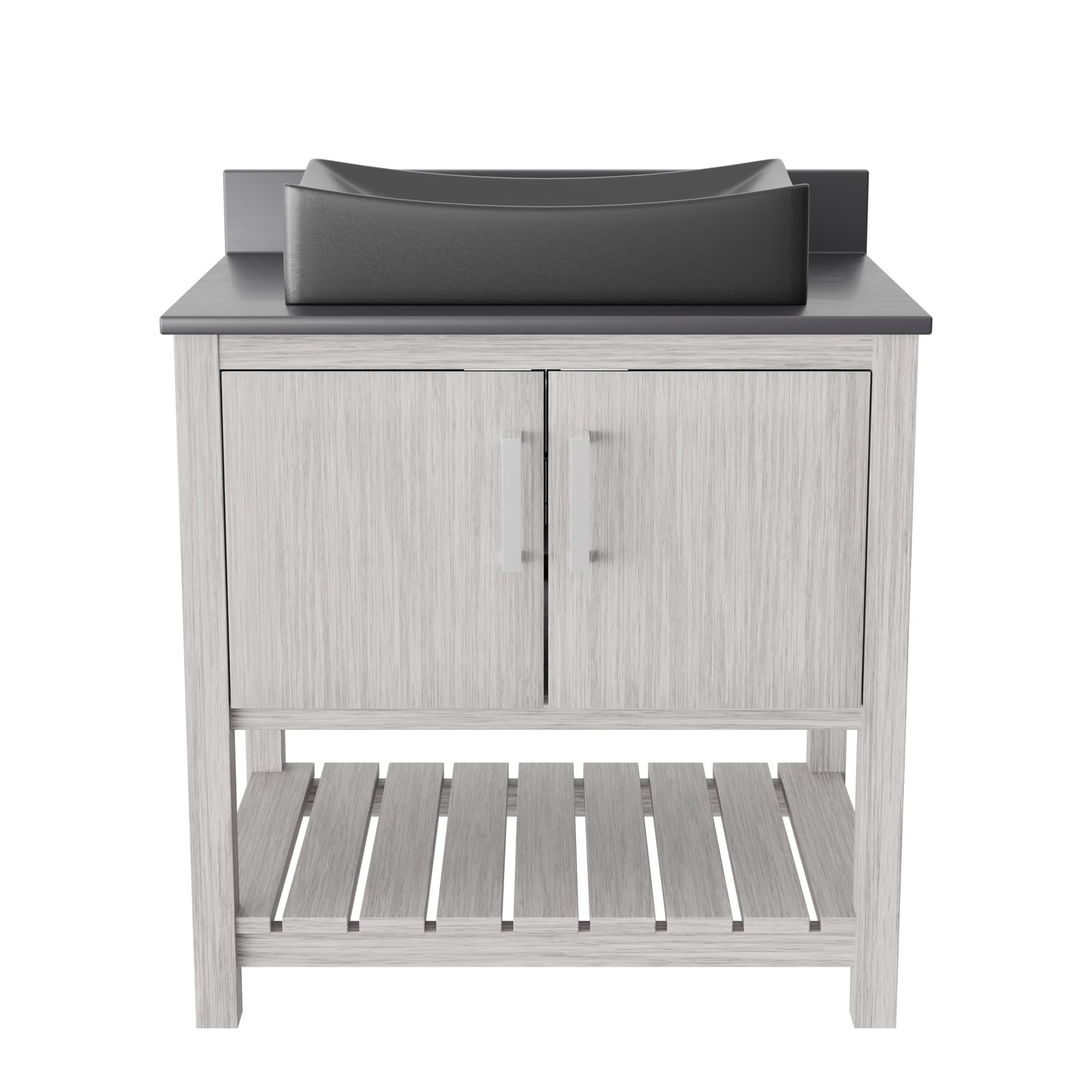 30-inch Novatto bath vanity with storm grey quartz countertop and integrated sink, showcasing modern bathroom accessory design