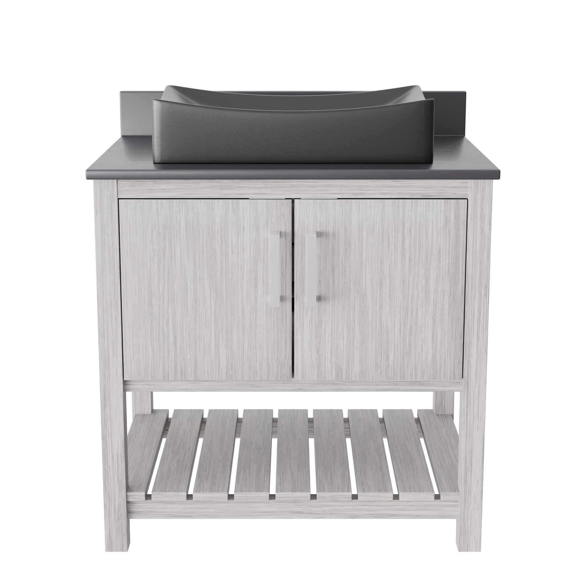 30-inch Novatto bath vanity with storm grey quartz countertop and integrated sink, showcasing modern bathroom accessory design
