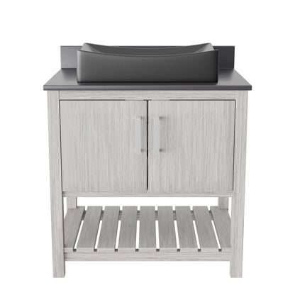 30-inch Novatto bath vanity with storm grey quartz countertop and integrated sink, showcasing modern bathroom accessory design