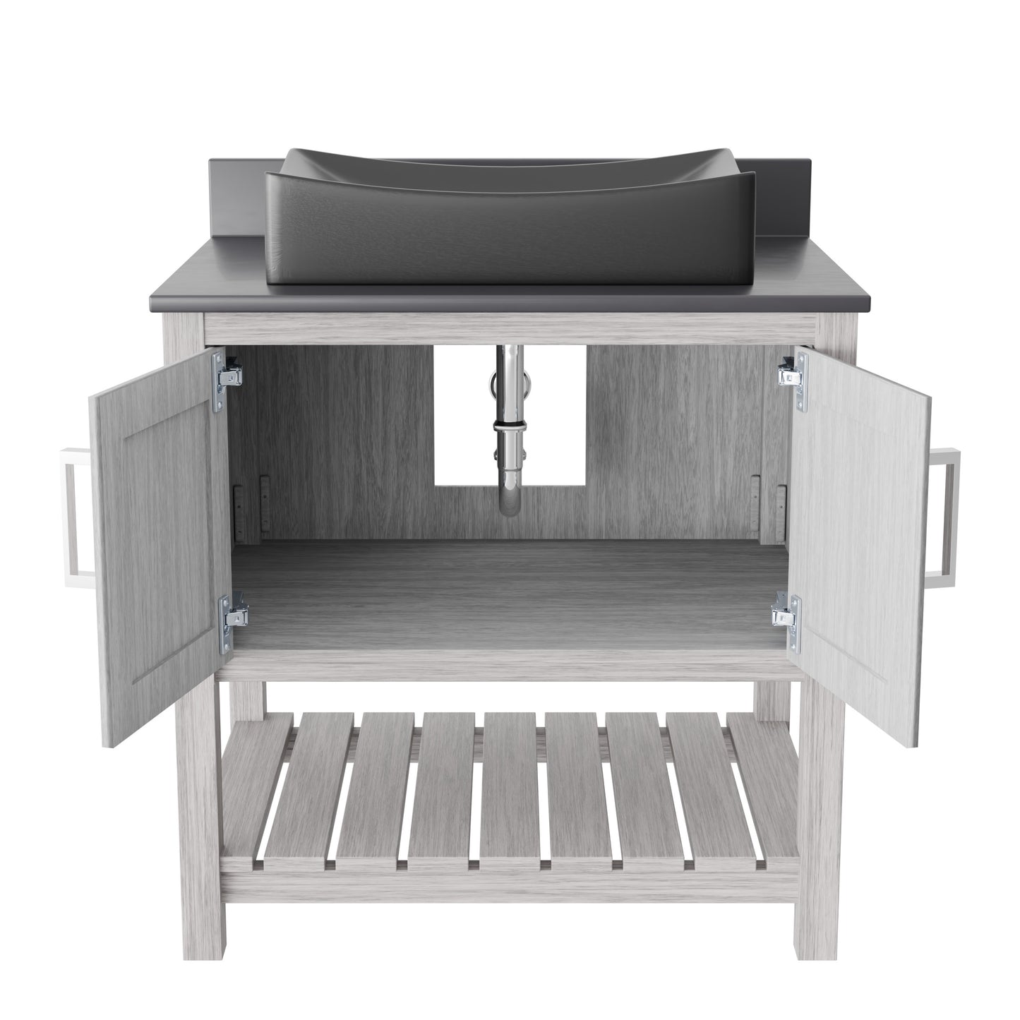 30-inch Novatto bath vanity with storm grey quartz countertop and integrated sink, showcasing sleek bathroom accessory design.