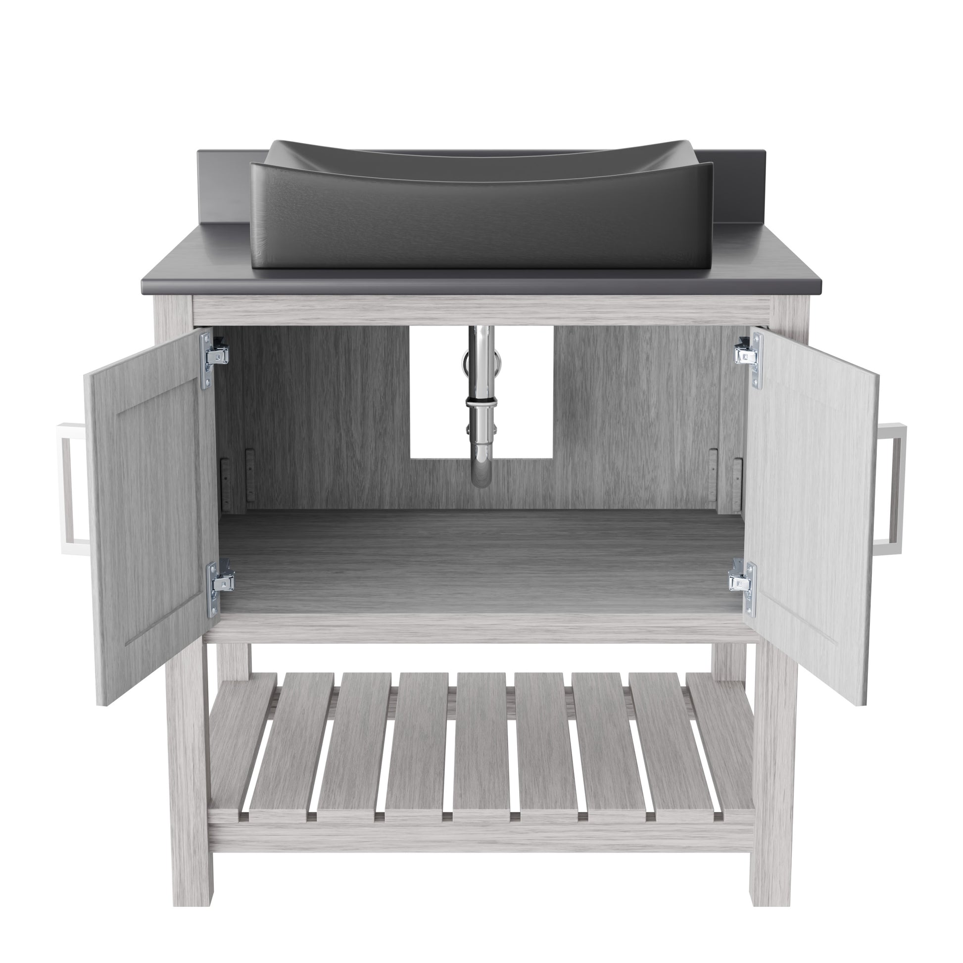 30-inch Novatto bath vanity with storm grey quartz countertop and integrated sink, showcasing sleek bathroom accessory design.