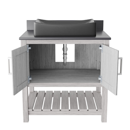 30-inch Novatto bath vanity with storm grey quartz countertop and integrated sink, showcasing sleek bathroom accessory design.