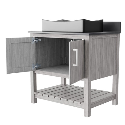 30-inch Novatto bath vanity with storm grey quartz countertop and sink, showcasing sleek modern bathroom accessory design.