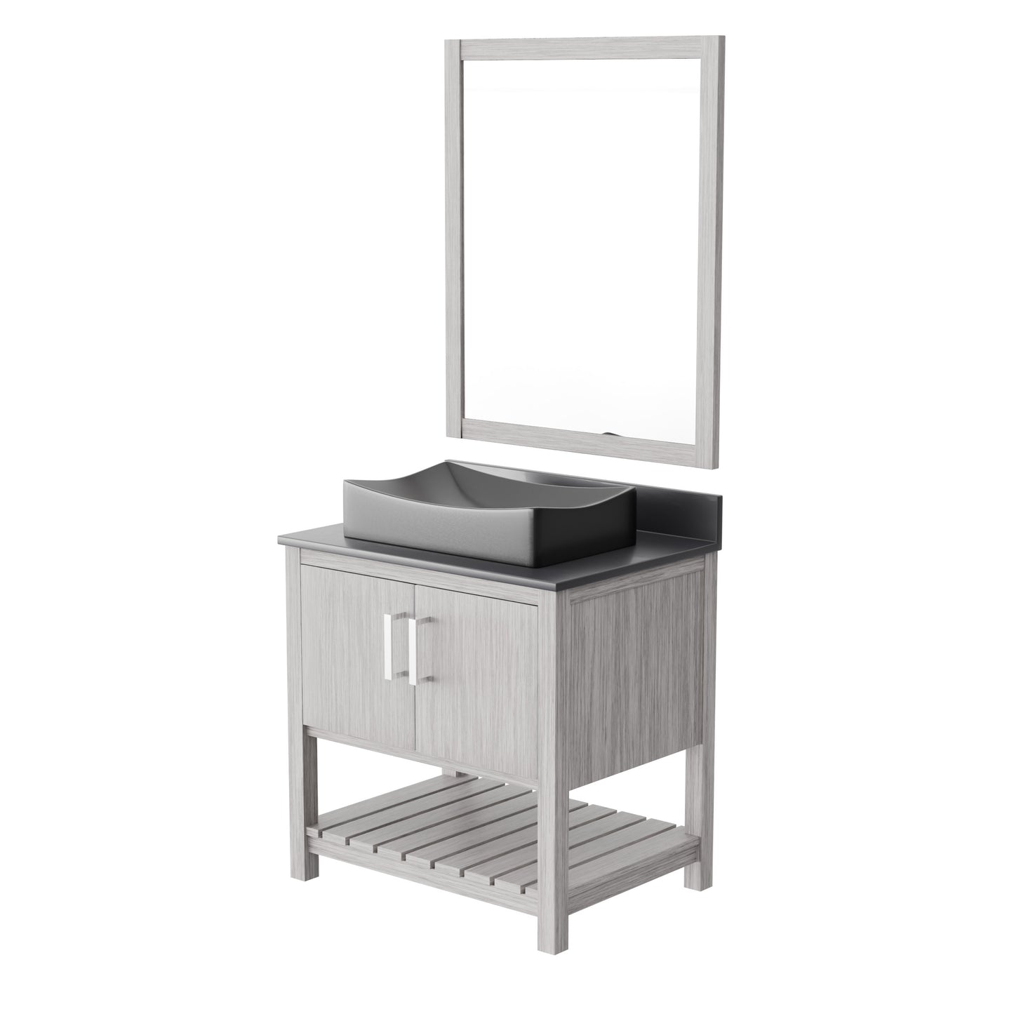 30-inch Novatto bath vanity with storm grey quartz countertop and sink, showcasing sleek bathroom accessory design.