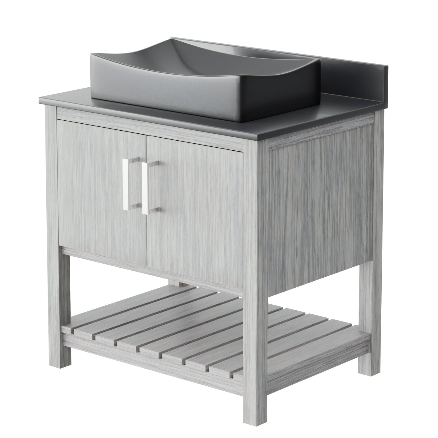 Novatto 30-inch bath vanity with storm grey quartz countertop and integrated sink, modern bathroom accessory.