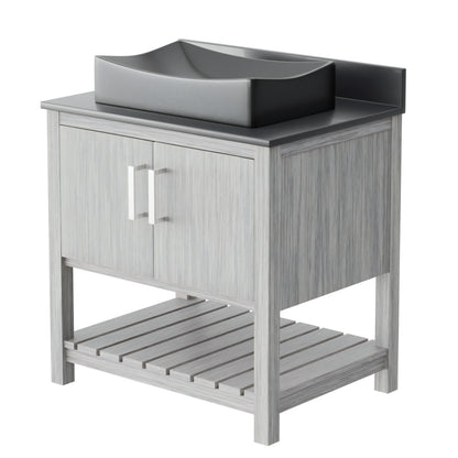 Novatto 30-inch bath vanity with storm grey quartz countertop and integrated sink, modern bathroom accessory.
