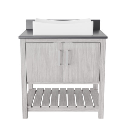 Novatto 30-inch bath vanity with storm grey quartz countertop and sink, showcasing modern bathroom accessory design.
