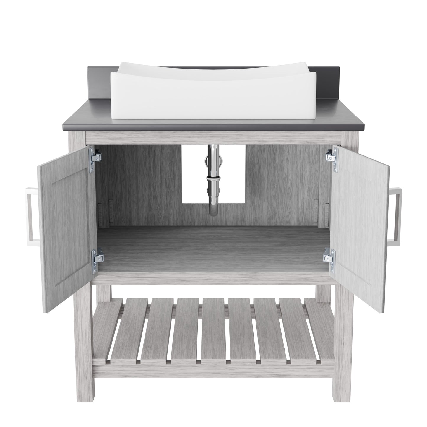 30-inch Novatto bath vanity with storm grey quartz countertop and sink, showcasing modern bathroom accessory design.