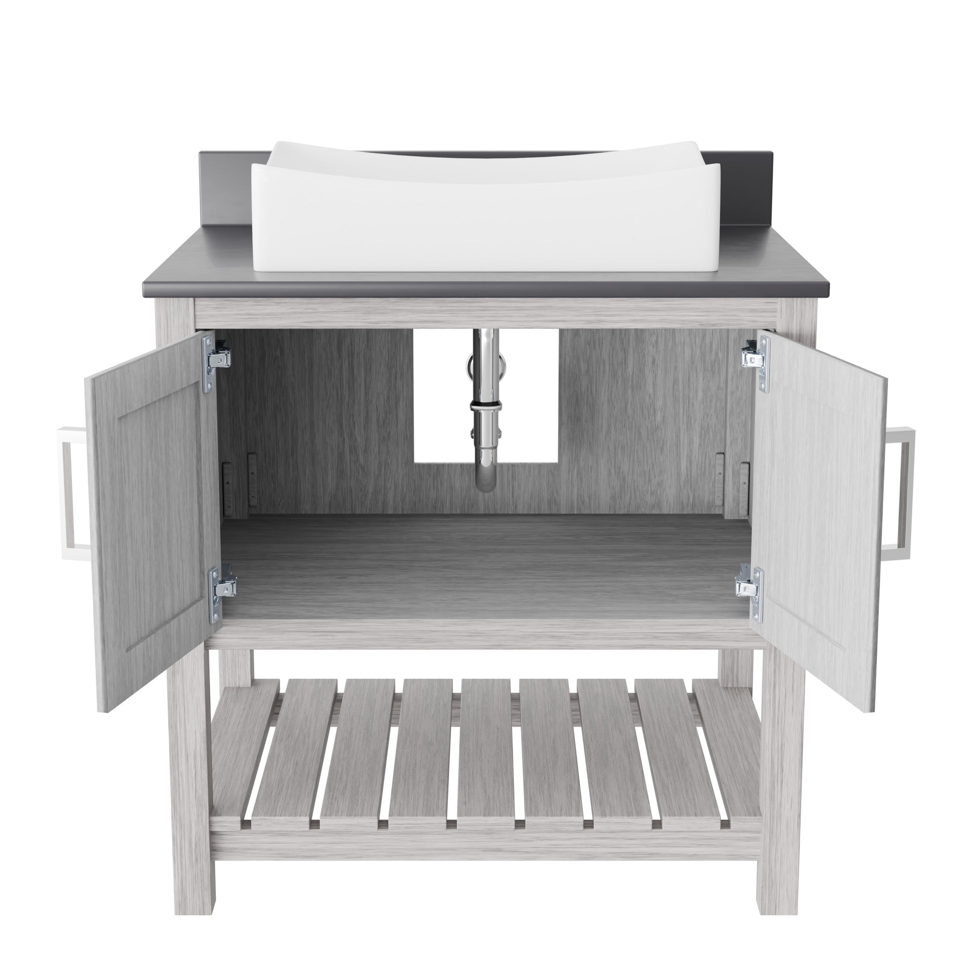 30-inch Novatto bath vanity with storm grey quartz countertop and sink, showcasing modern bathroom accessory design.