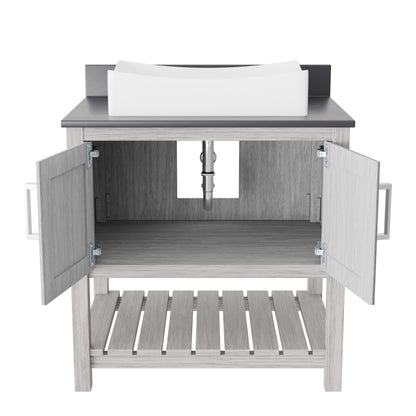 30-inch Novatto bath vanity with storm grey quartz countertop and sink, showcasing modern bathroom accessory design.