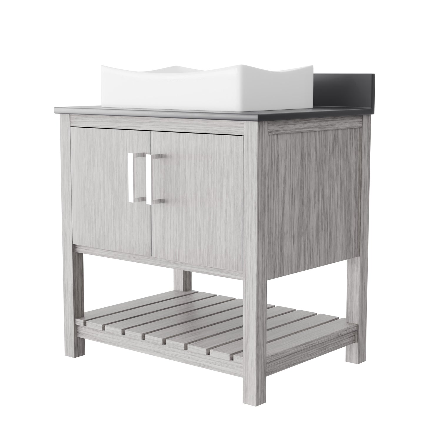 30-inch Novatto bath vanity with storm grey quartz countertop and integrated sink, modern bathroom accessory.