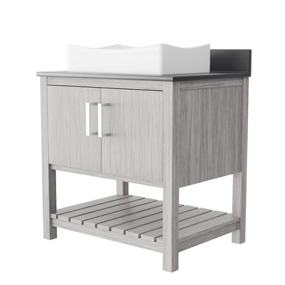 30-inch Novatto bath vanity with storm grey quartz countertop and integrated sink, modern bathroom accessory.