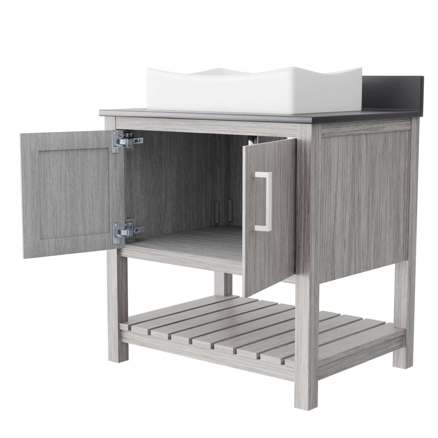 30-inch Novatto bath vanity with storm grey quartz countertop and integrated sink, modern bathroom accessory.