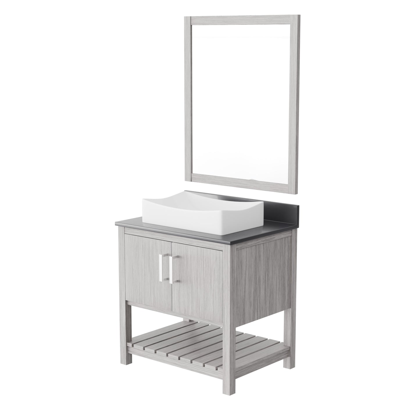 Novatto 30-inch bath vanity with storm grey quartz countertop and integrated sink, showcasing modern bathroom accessory design