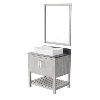 Novatto 30-inch bath vanity with storm grey quartz countertop and integrated sink, showcasing modern bathroom accessory design