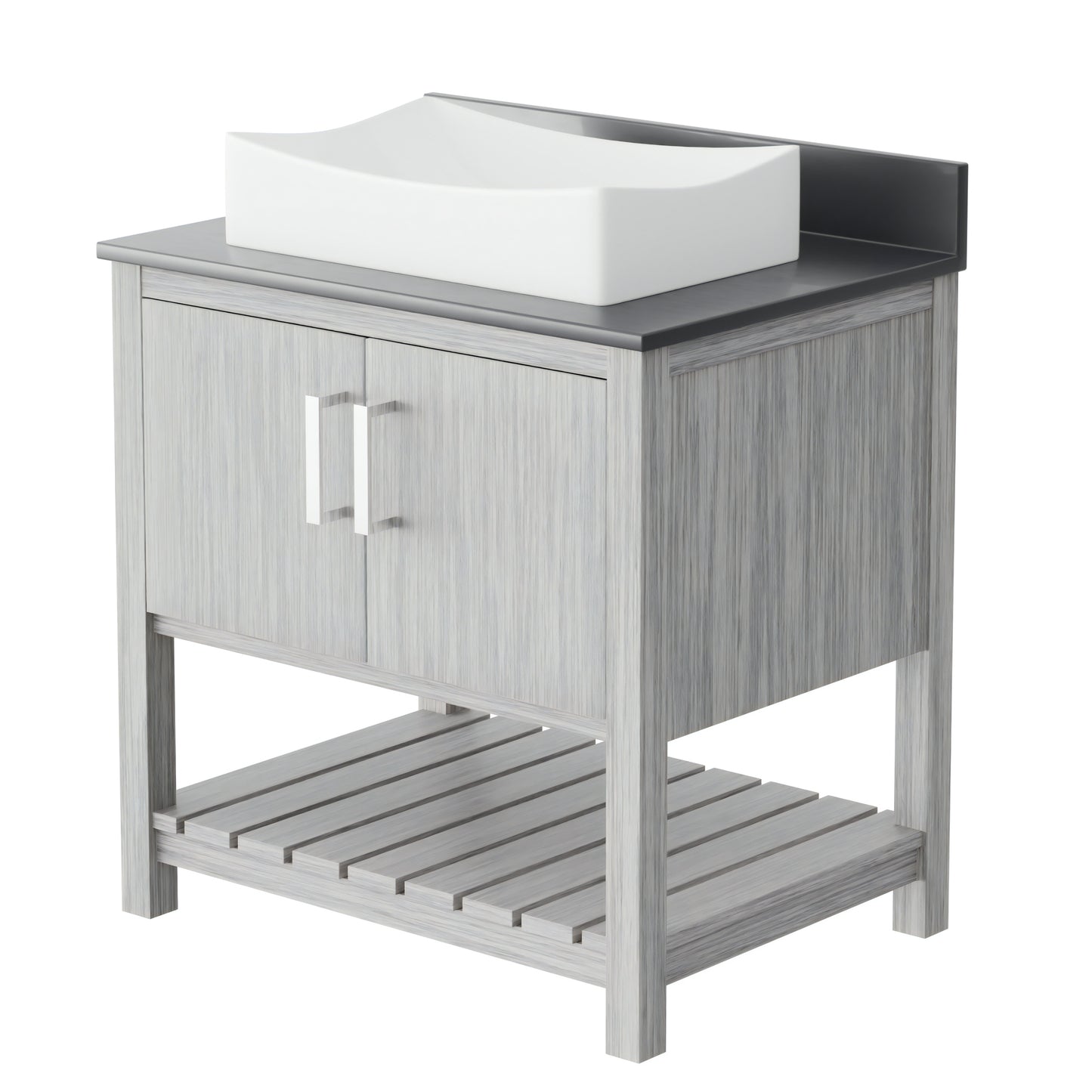 30-inch Novatto bathroom vanity with storm grey quartz countertop and sink, showcasing a modern accessory design.