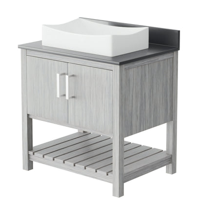 30-inch Novatto bathroom vanity with storm grey quartz countertop and sink, showcasing a modern accessory design.