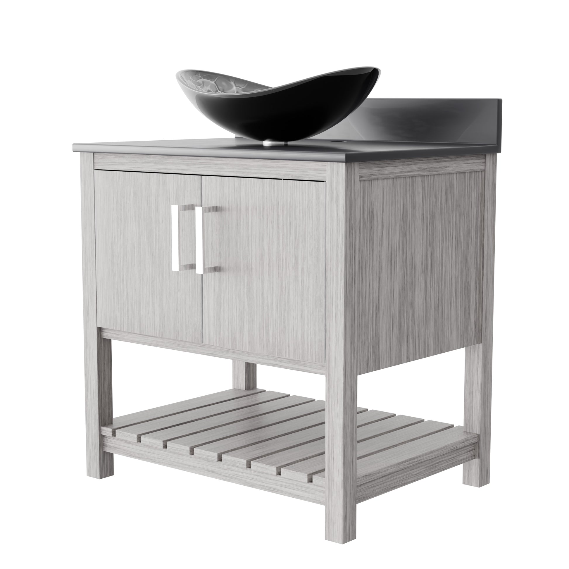 30-inch Novatto bath vanity with storm grey quartz countertop and integrated sink, showcasing modern bathroom accessory design