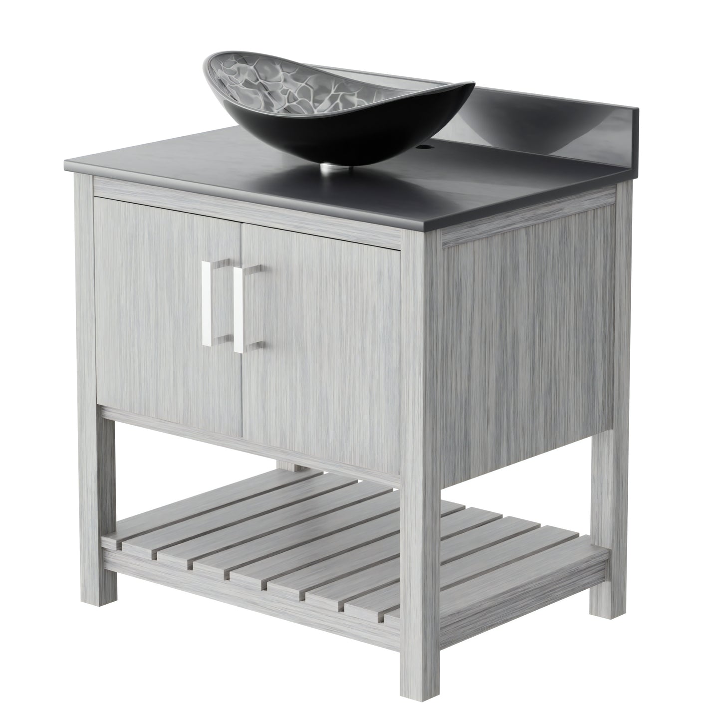 30-inch Novatto bath vanity with storm grey quartz countertop and integrated sink, modern accessory for bathroom decor.