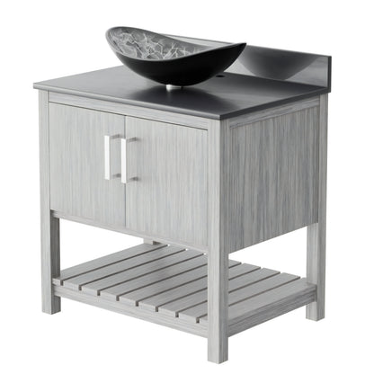 30-inch Novatto bath vanity with storm grey quartz countertop and integrated sink, modern accessory for bathroom decor.