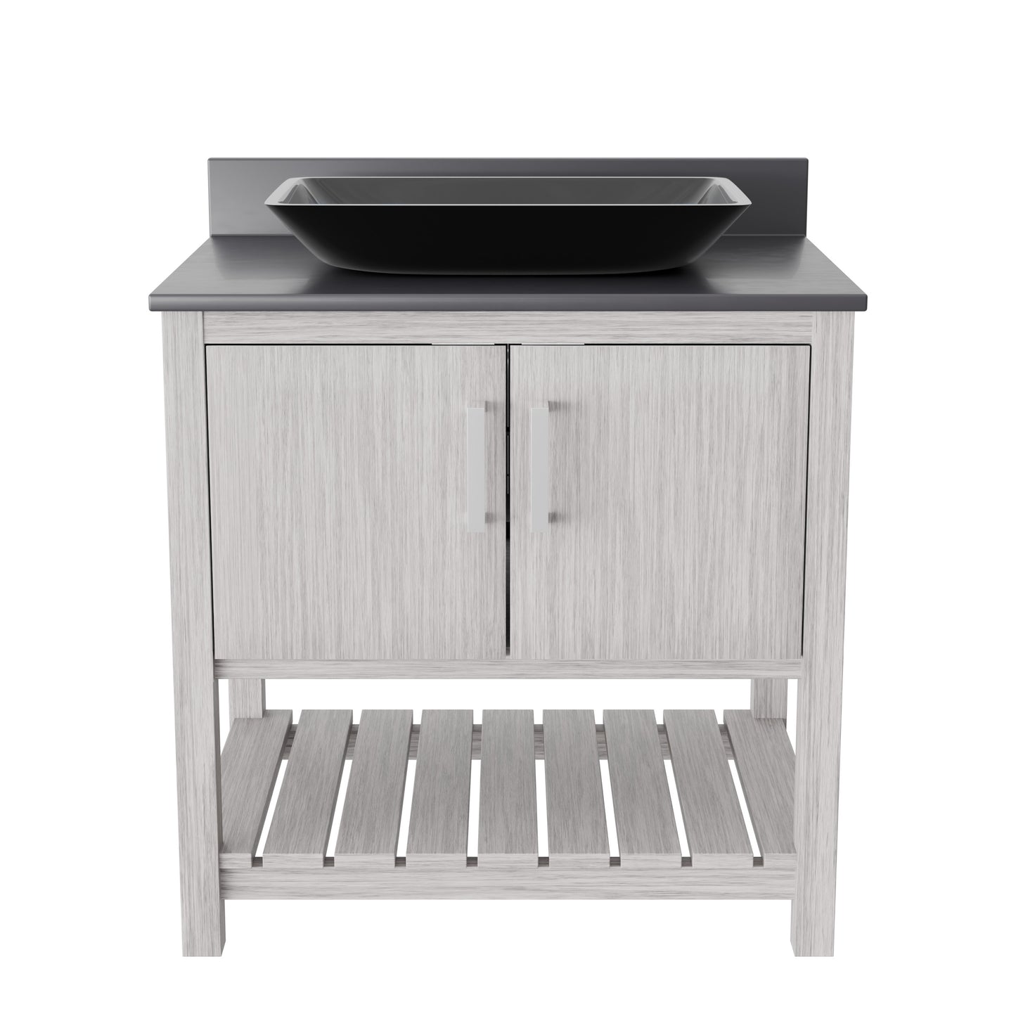 30-inch Novatto bath vanity with storm grey counter and sink, showcasing modern bathroom accessory design.