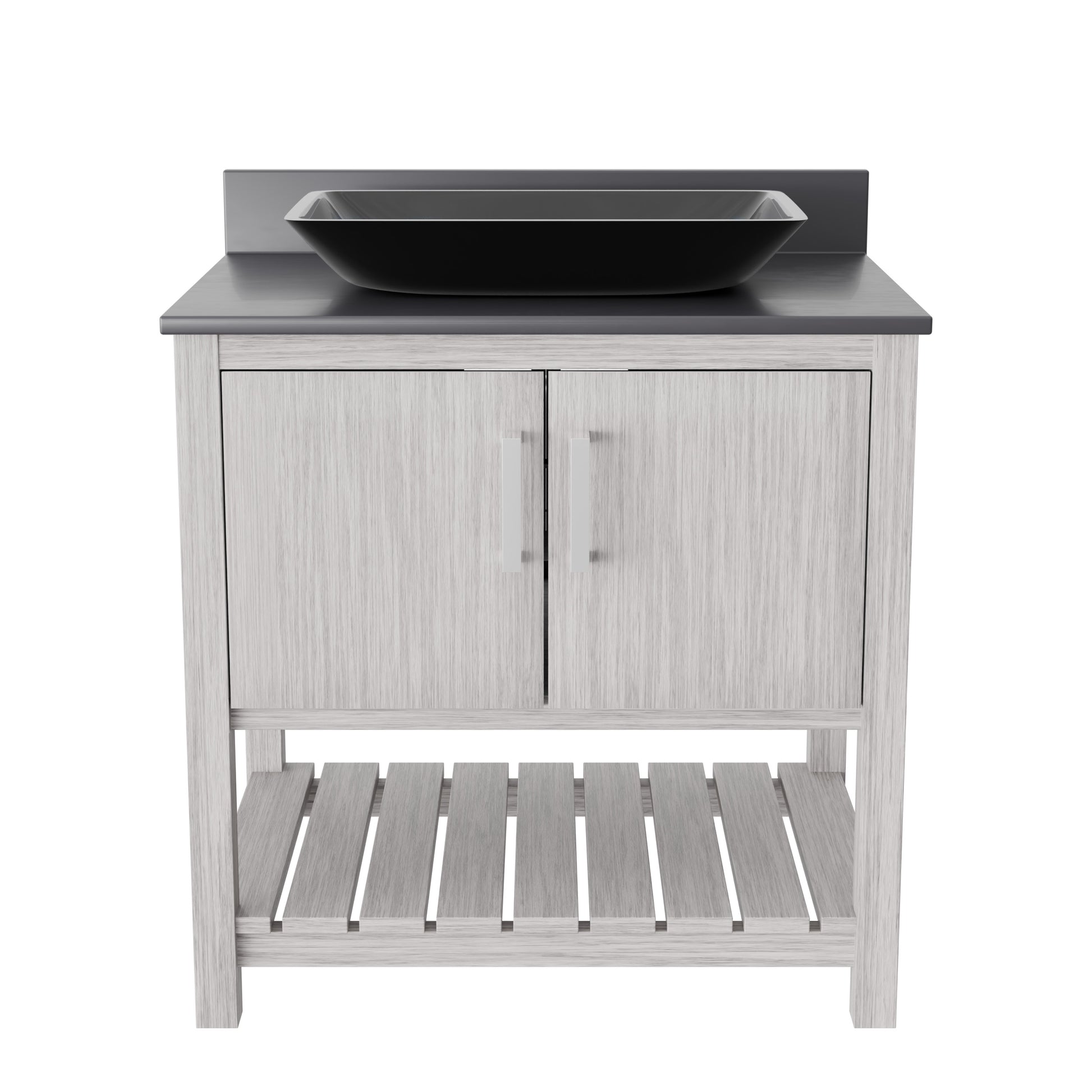 30-inch Novatto bath vanity with storm grey counter and sink, showcasing modern bathroom accessory design.