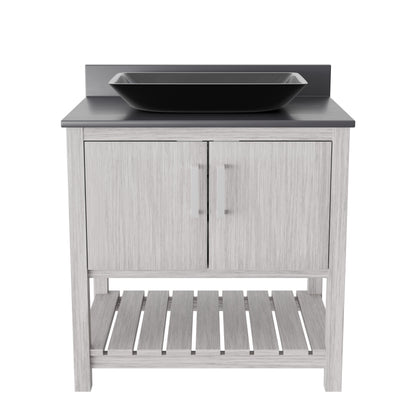 30-inch Novatto bath vanity with storm grey counter and sink, showcasing modern bathroom accessory design.